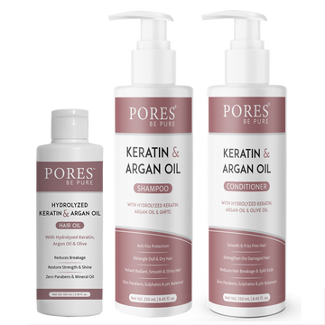 Keratin & Argan oil Shampoo + Hair Oil + Conditioner by PORES BE PURE